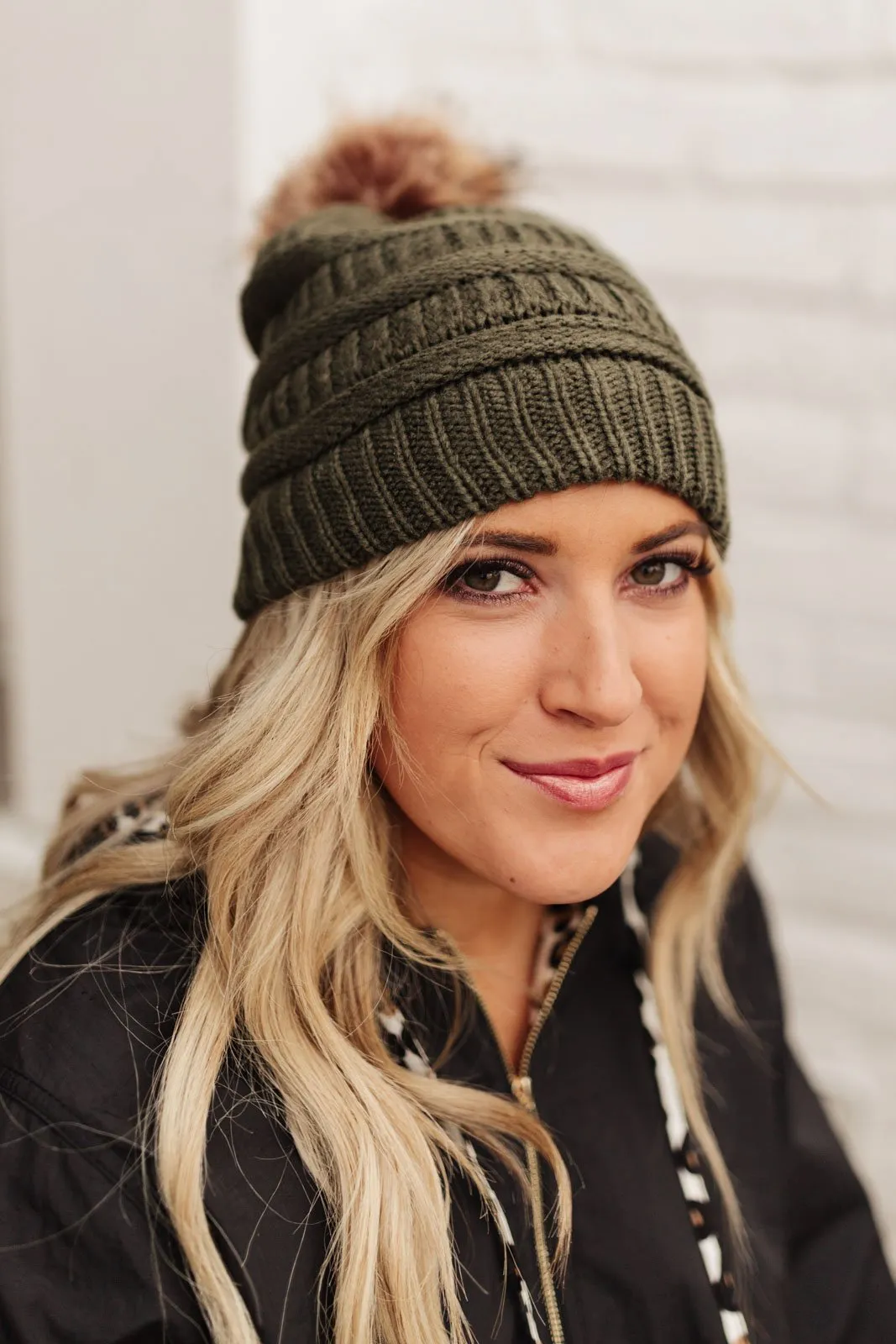 Faux Fur Pom Pom Beanie In Olive