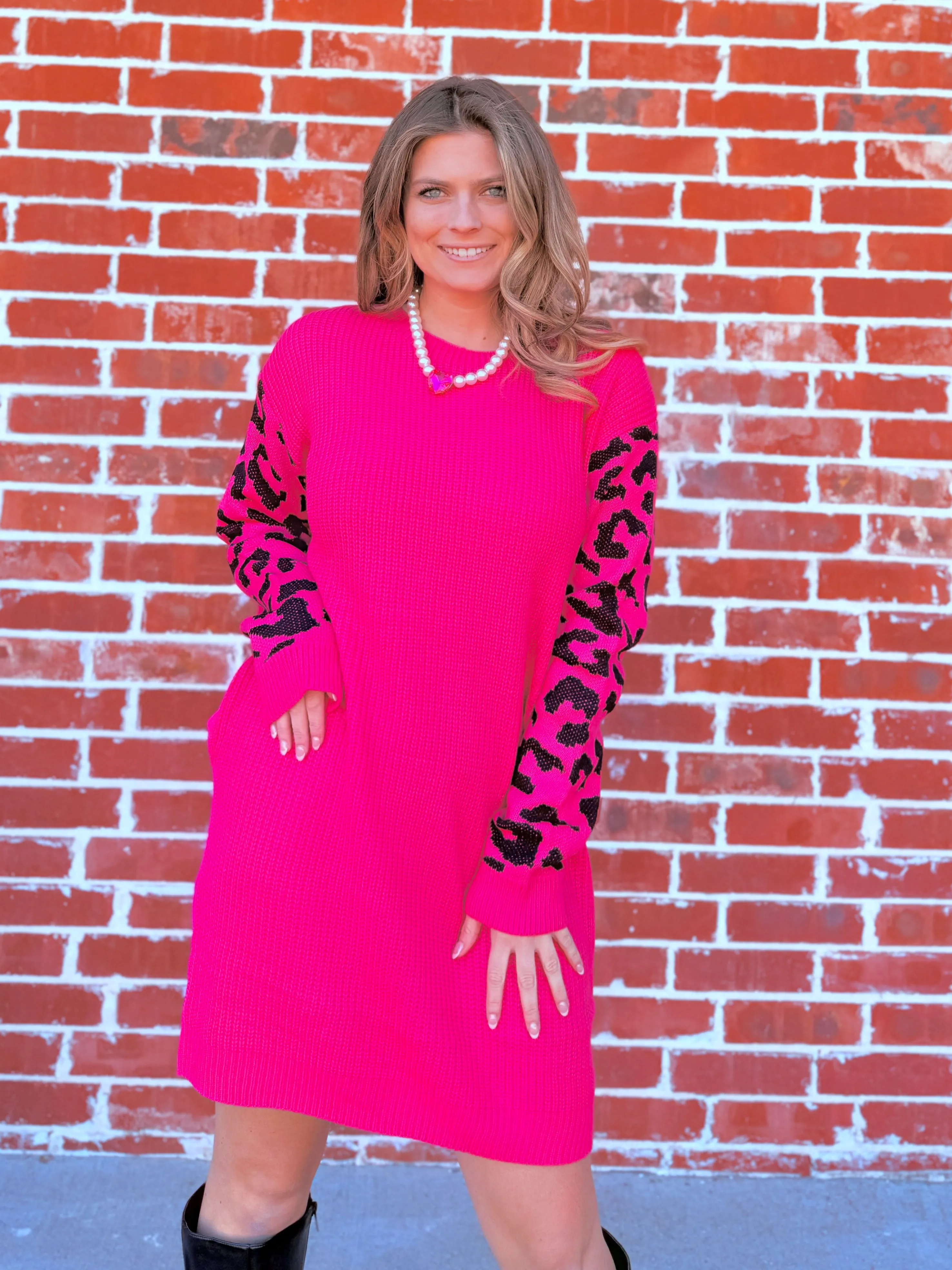 Feeling Frisk Pink Leopard Printed Sweater Dress