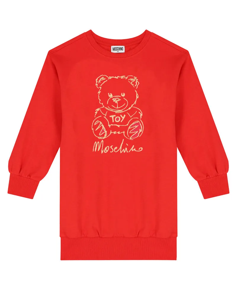 Girls Red Teddy Embroidery Sweatshirt Dress