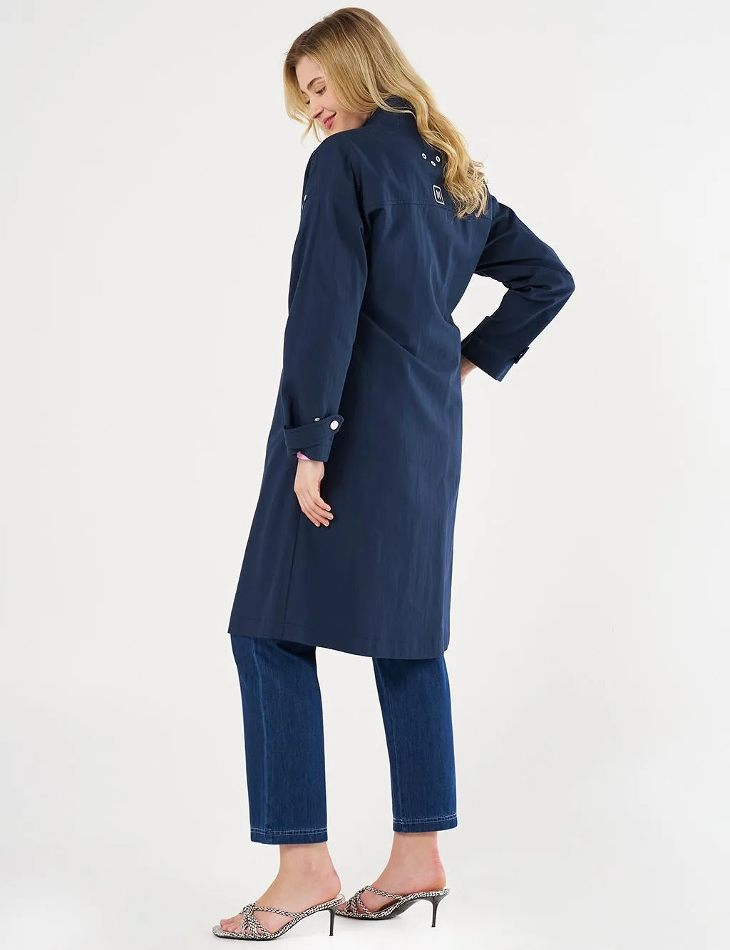Grosgrain Lace-up Mandarin Collar Trench Coat Dark Navy Blue