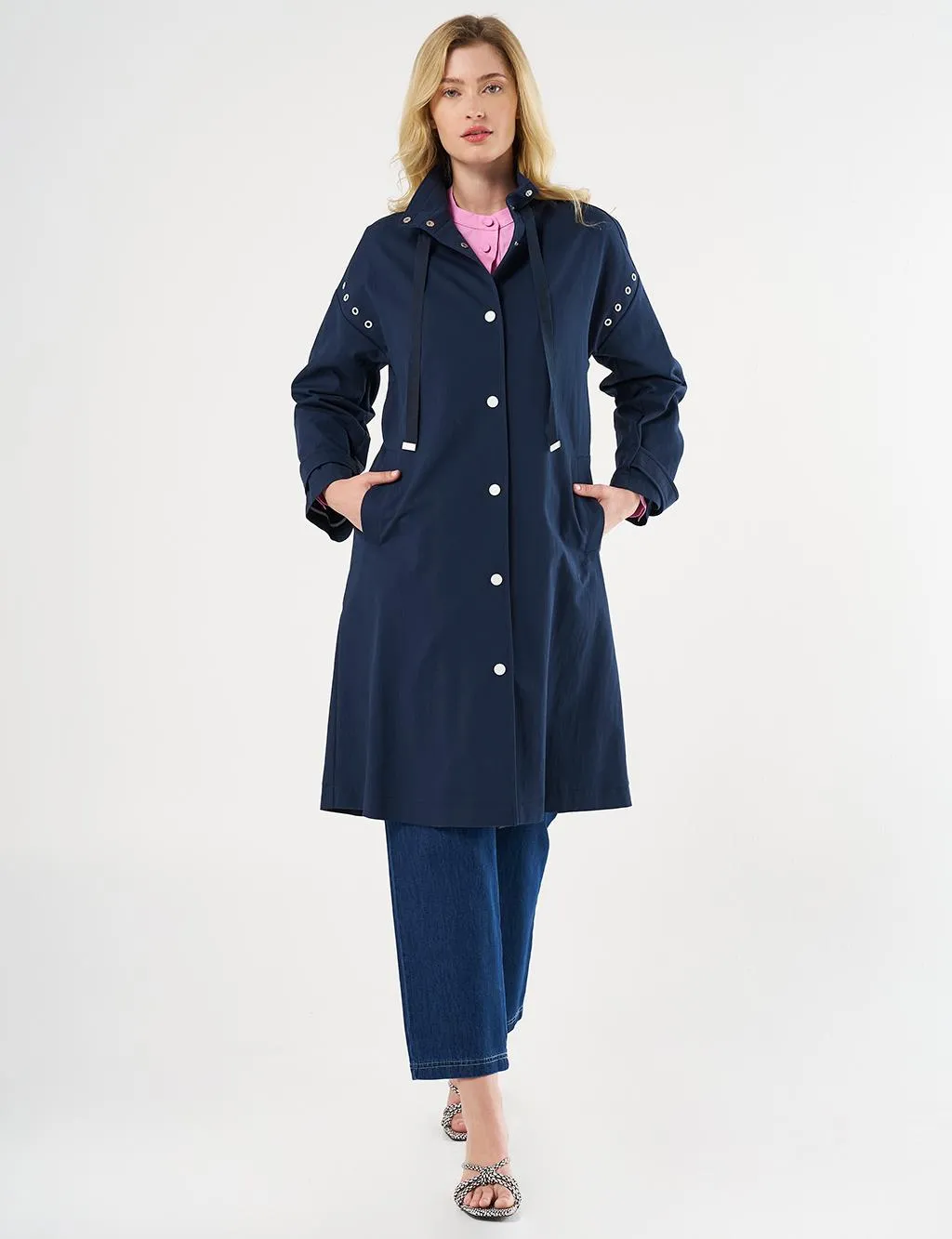 Grosgrain Lace-up Mandarin Collar Trench Coat Dark Navy Blue