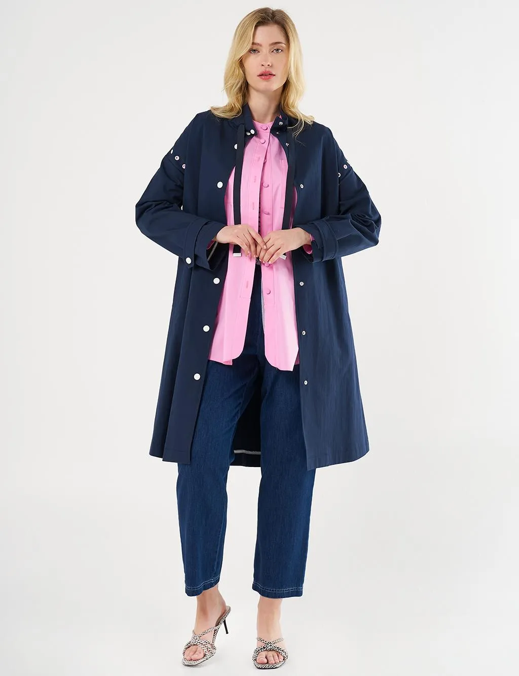 Grosgrain Lace-up Mandarin Collar Trench Coat Dark Navy Blue