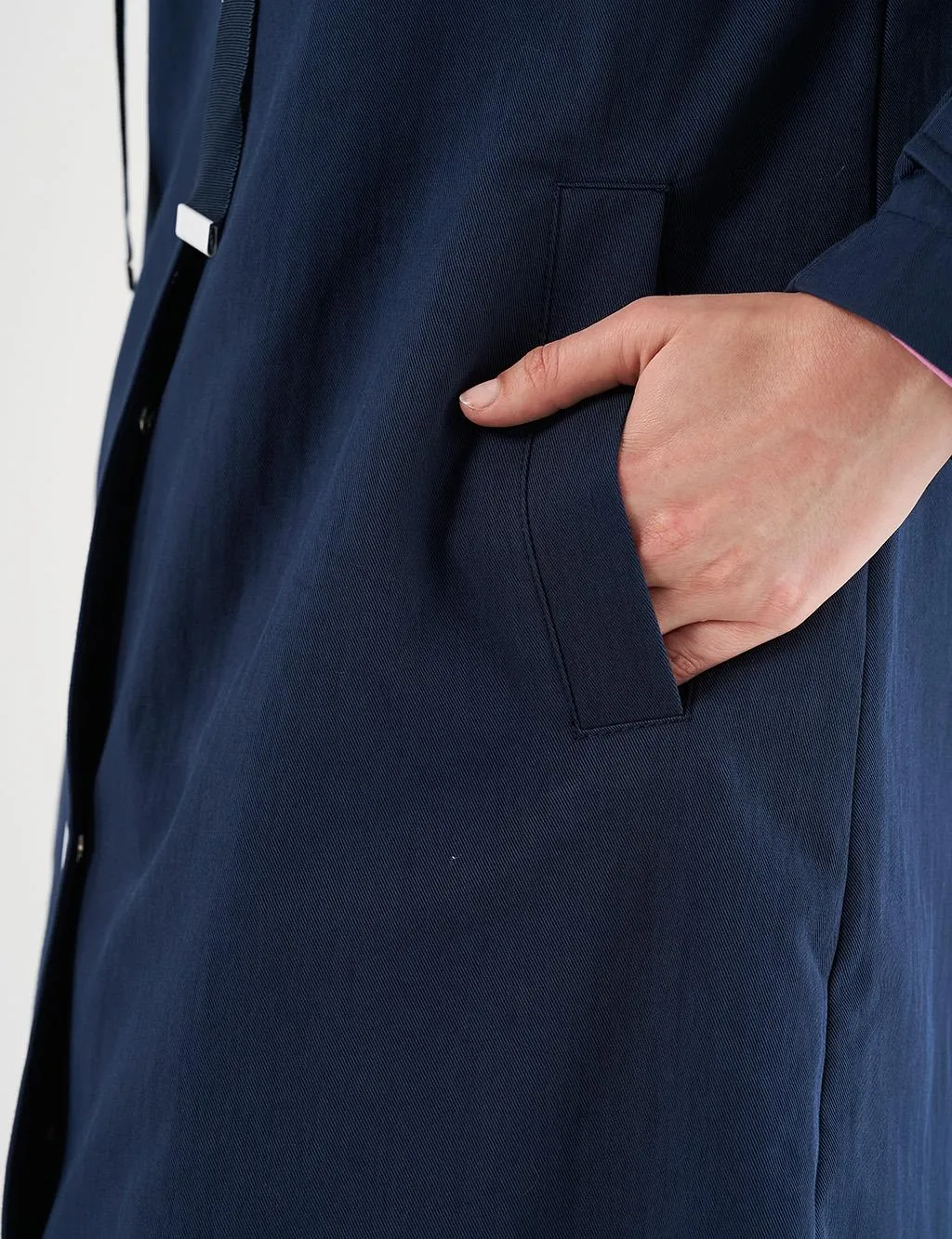 Grosgrain Lace-up Mandarin Collar Trench Coat Dark Navy Blue