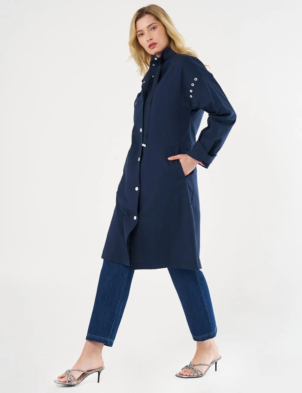 Grosgrain Lace-up Mandarin Collar Trench Coat Dark Navy Blue