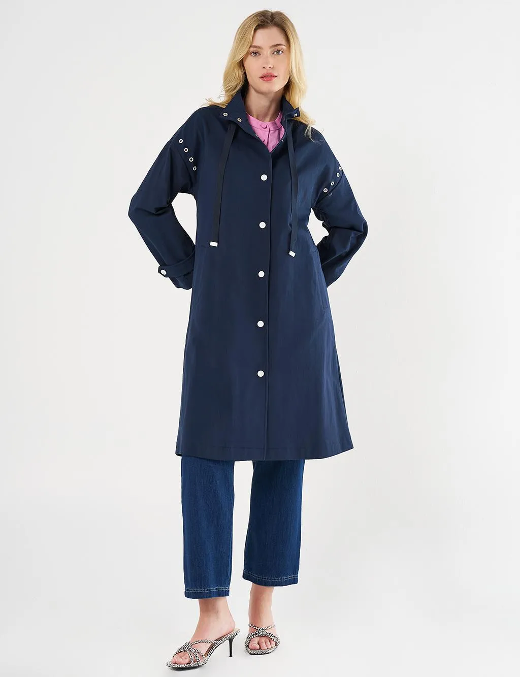 Grosgrain Lace-up Mandarin Collar Trench Coat Dark Navy Blue