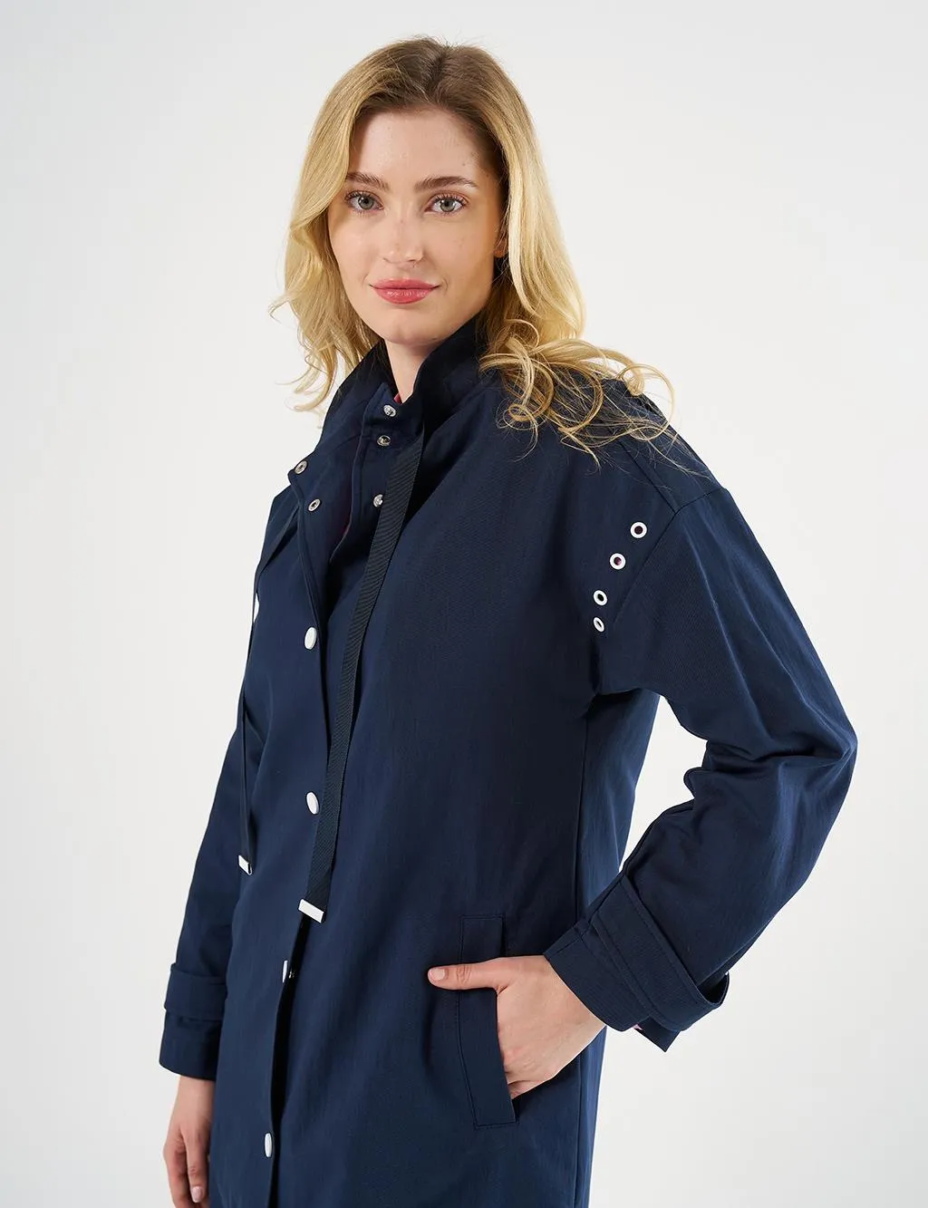 Grosgrain Lace-up Mandarin Collar Trench Coat Dark Navy Blue