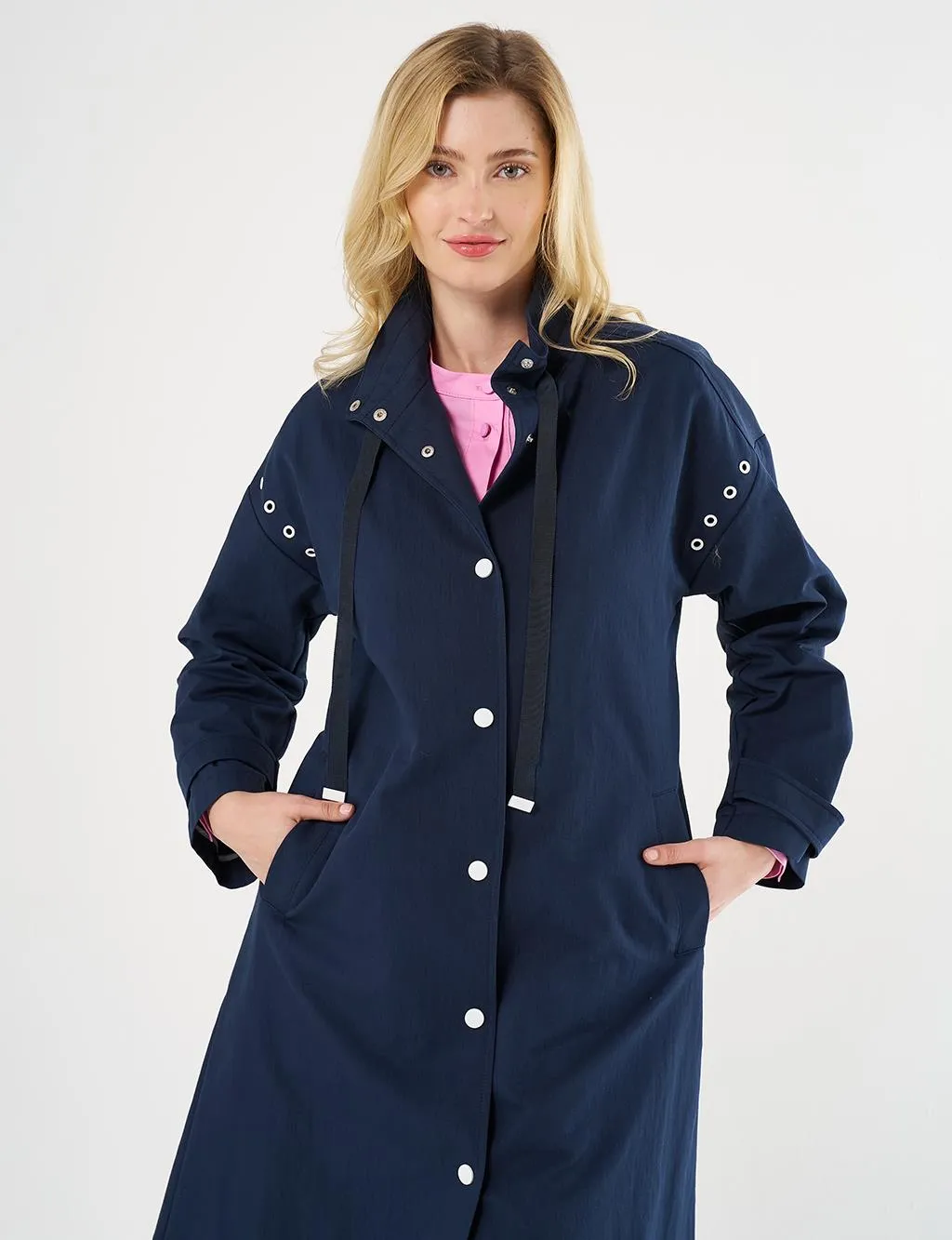 Grosgrain Lace-up Mandarin Collar Trench Coat Dark Navy Blue