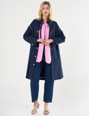 Grosgrain Lace-up Mandarin Collar Trench Coat Dark Navy Blue