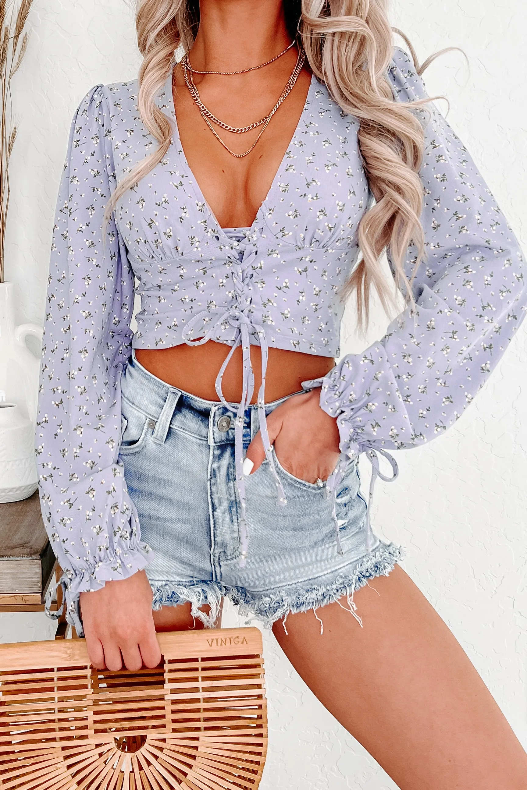 Grow With The Flow Floral Lace-Up Crop Top (Lavender)