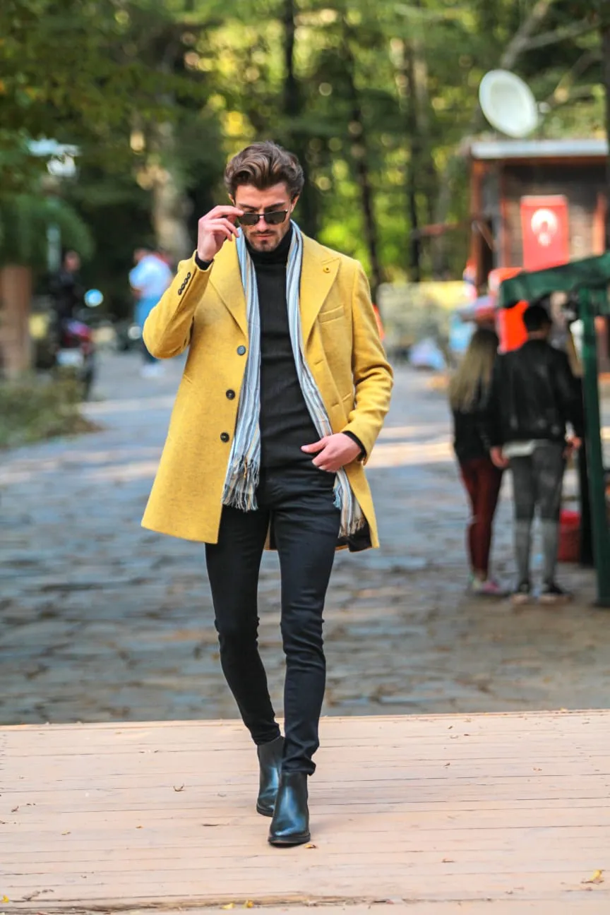 Harrison Slim Fit Yellow Woolen Coat