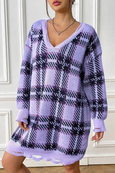 Homey Feels Distressed Plaid Sweater Dress