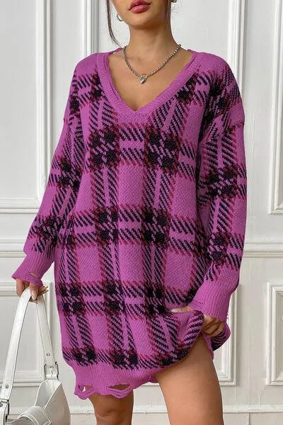 Homey Feels Distressed Plaid Sweater Dress