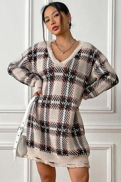 Homey Feels Distressed Plaid Sweater Dress