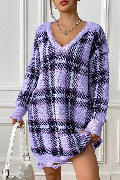 Homey Feels Distressed Plaid Sweater Dress