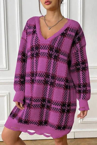 Homey Feels Distressed Plaid Sweater Dress