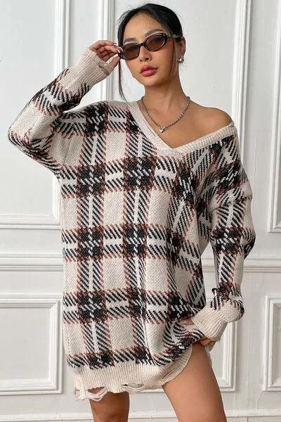 Homey Feels Distressed Plaid Sweater Dress