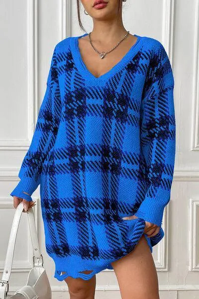 Homey Feels Distressed Plaid Sweater Dress