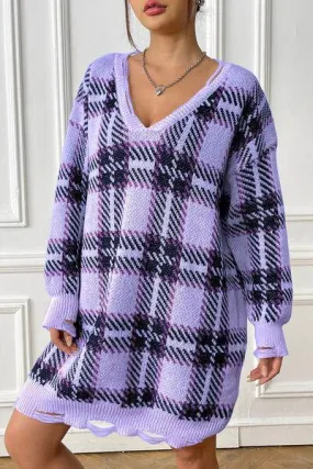 Homey Feels Distressed Plaid Sweater Dress