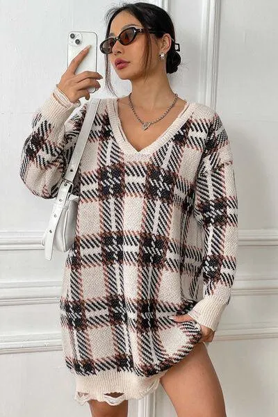 Homey Feels Distressed Plaid Sweater Dress