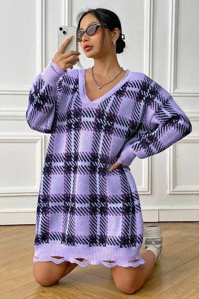Homey Feels Distressed Plaid Sweater Dress