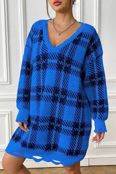 Homey Feels Distressed Plaid Sweater Dress