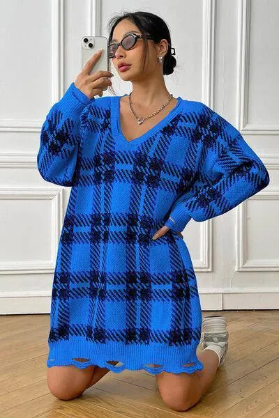 Homey Feels Distressed Plaid Sweater Dress