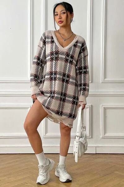 Homey Feels Distressed Plaid Sweater Dress