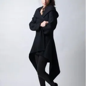 Hooded Irregular Long Sleeves Pure Color Wool Coat