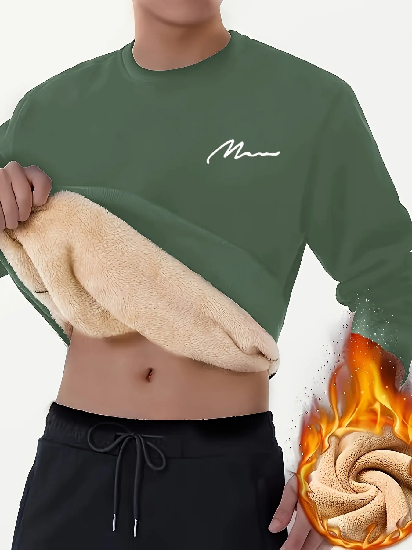 Ilooove Thermal Trendy Fleece Sweatshirt, Men's Casual Classic Design Crew Neck Sweatshirt For Men Fall Winter