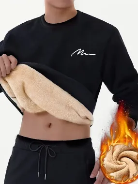 Ilooove Thermal Trendy Fleece Sweatshirt, Men's Casual Classic Design Crew Neck Sweatshirt For Men Fall Winter