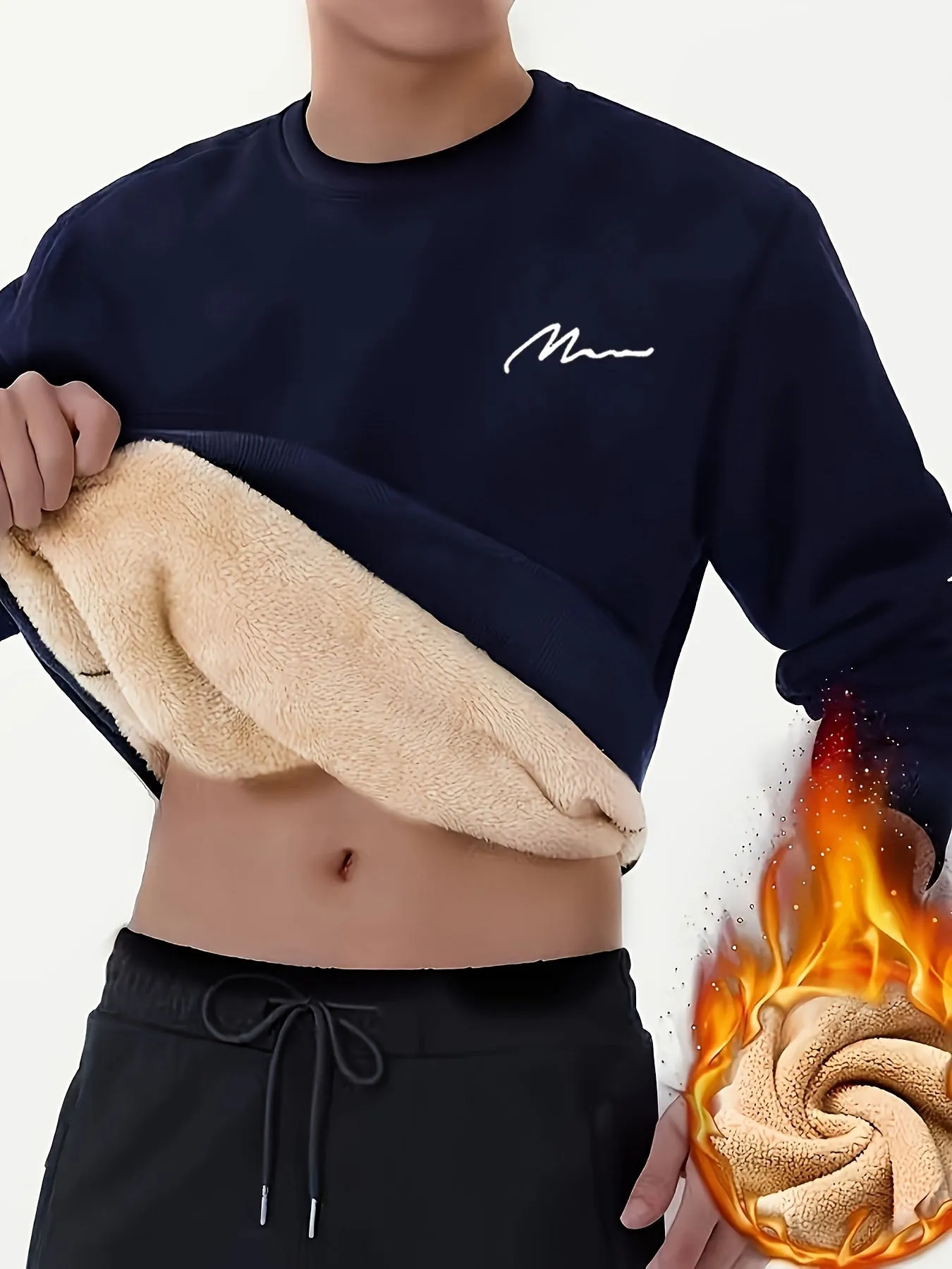 Ilooove Thermal Trendy Fleece Sweatshirt, Men's Casual Classic Design Crew Neck Sweatshirt For Men Fall Winter