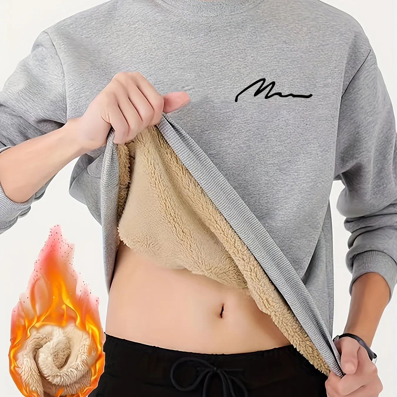 Ilooove Thermal Trendy Fleece Sweatshirt, Men's Casual Classic Design Crew Neck Sweatshirt For Men Fall Winter