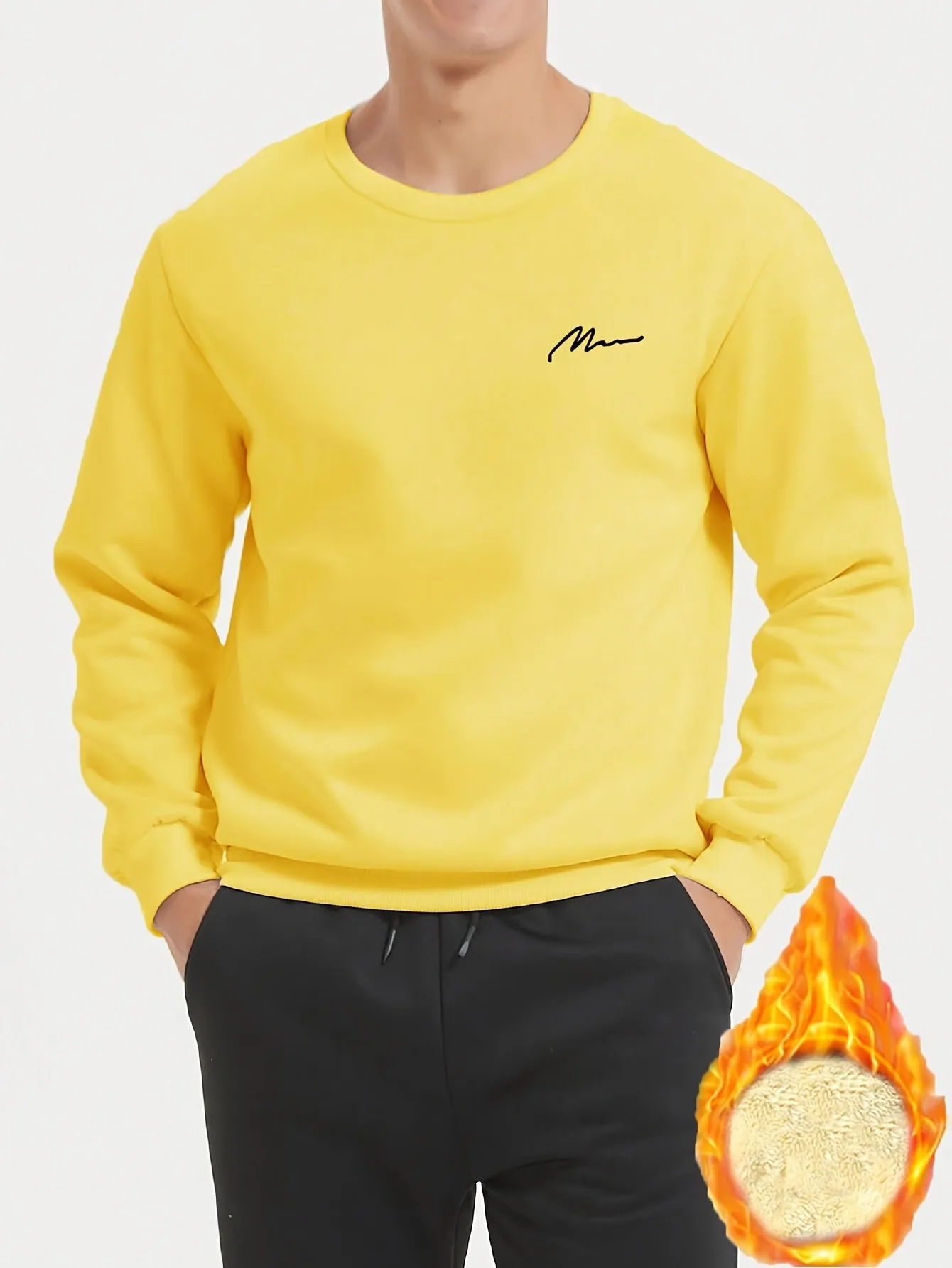 Ilooove Thermal Trendy Fleece Sweatshirt, Men's Casual Classic Design Crew Neck Sweatshirt For Men Fall Winter