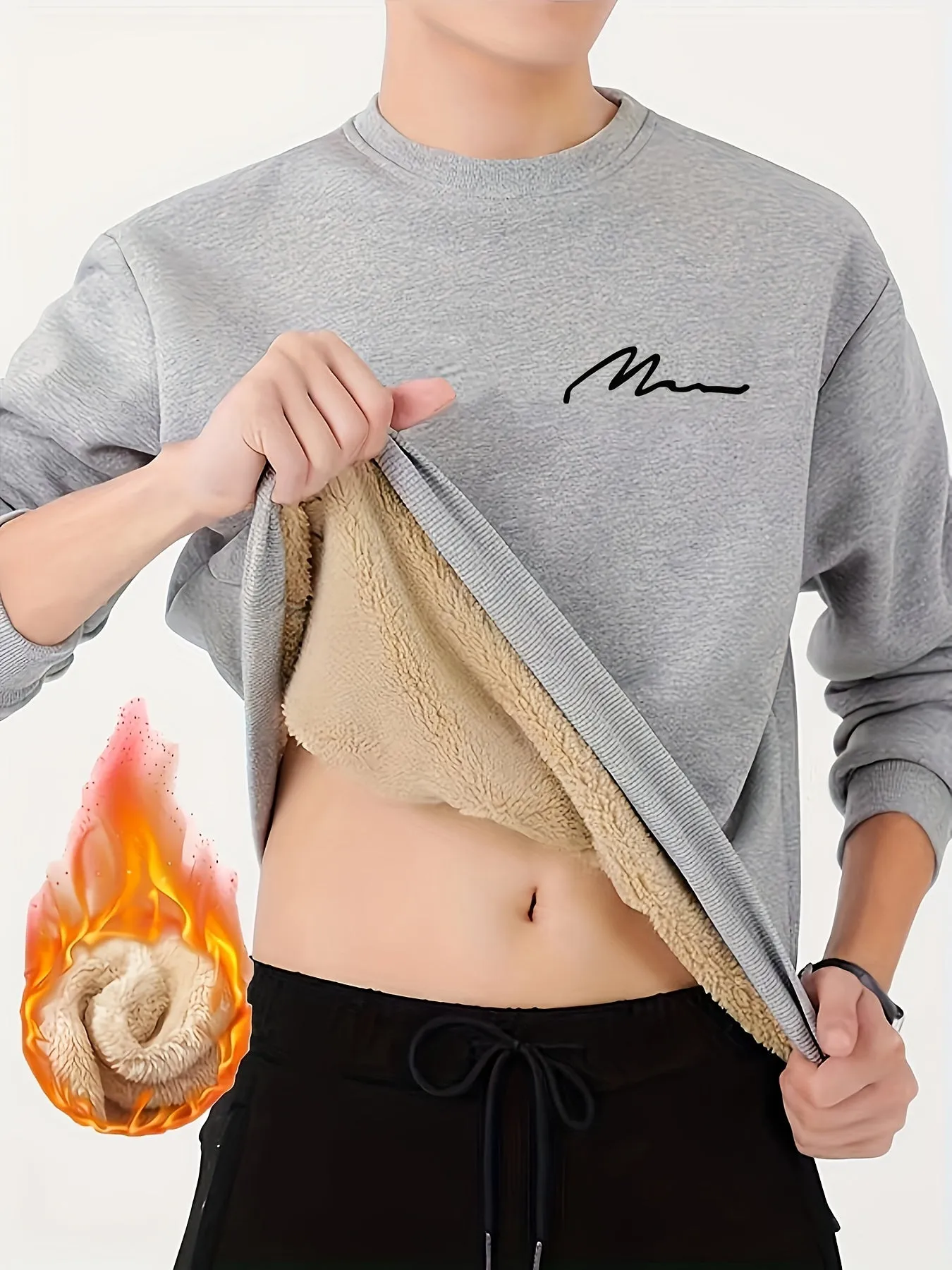 Ilooove Thermal Trendy Fleece Sweatshirt, Men's Casual Classic Design Crew Neck Sweatshirt For Men Fall Winter