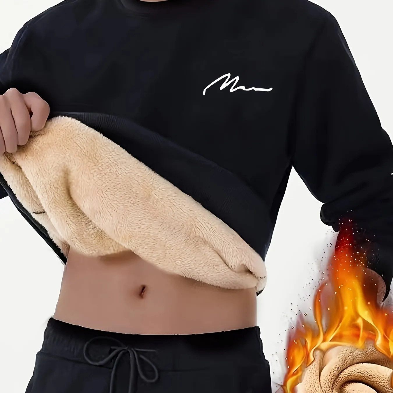 Ilooove Thermal Trendy Fleece Sweatshirt, Men's Casual Classic Design Crew Neck Sweatshirt For Men Fall Winter