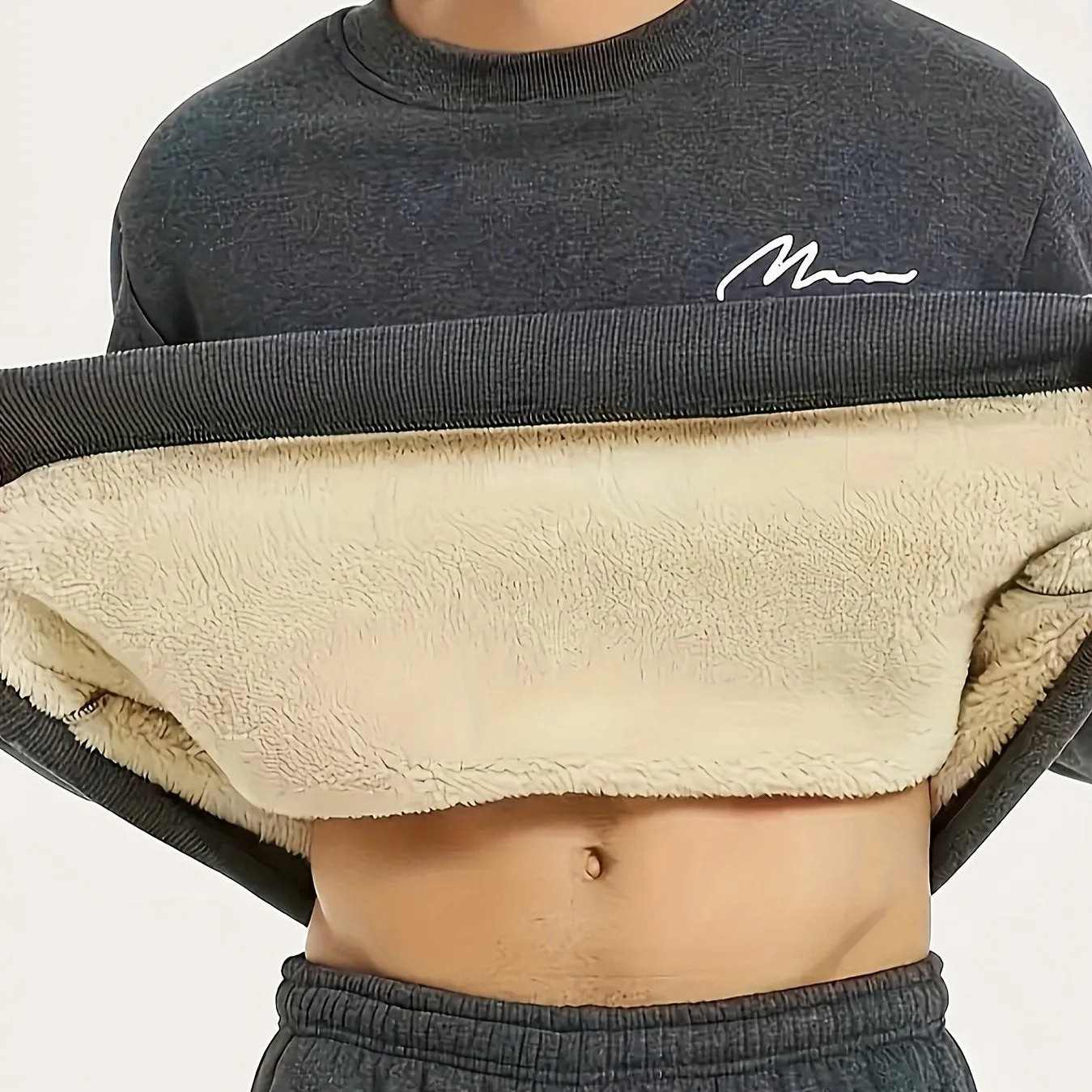 Ilooove Thermal Trendy Fleece Sweatshirt, Men's Casual Classic Design Crew Neck Sweatshirt For Men Fall Winter