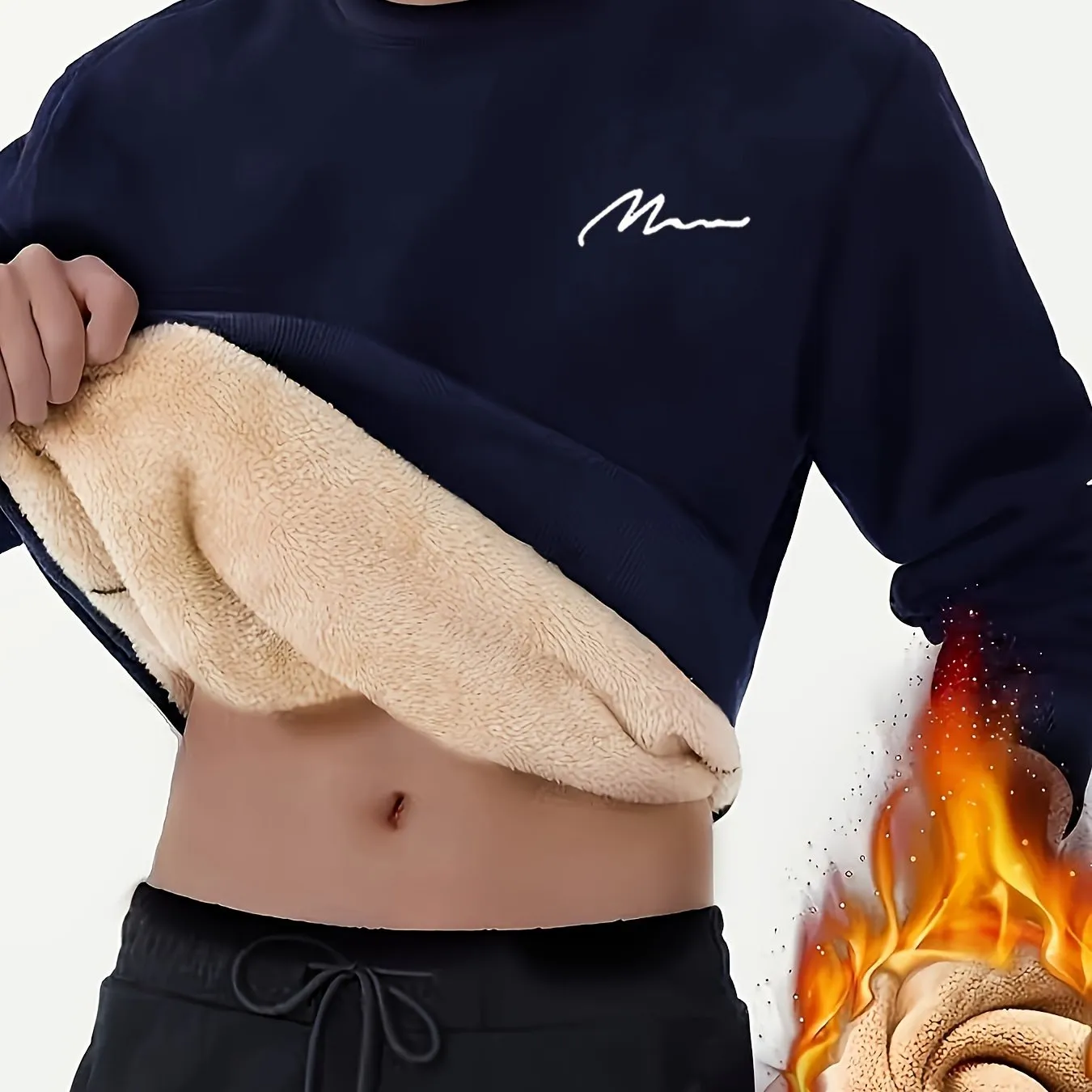 Ilooove Thermal Trendy Fleece Sweatshirt, Men's Casual Classic Design Crew Neck Sweatshirt For Men Fall Winter