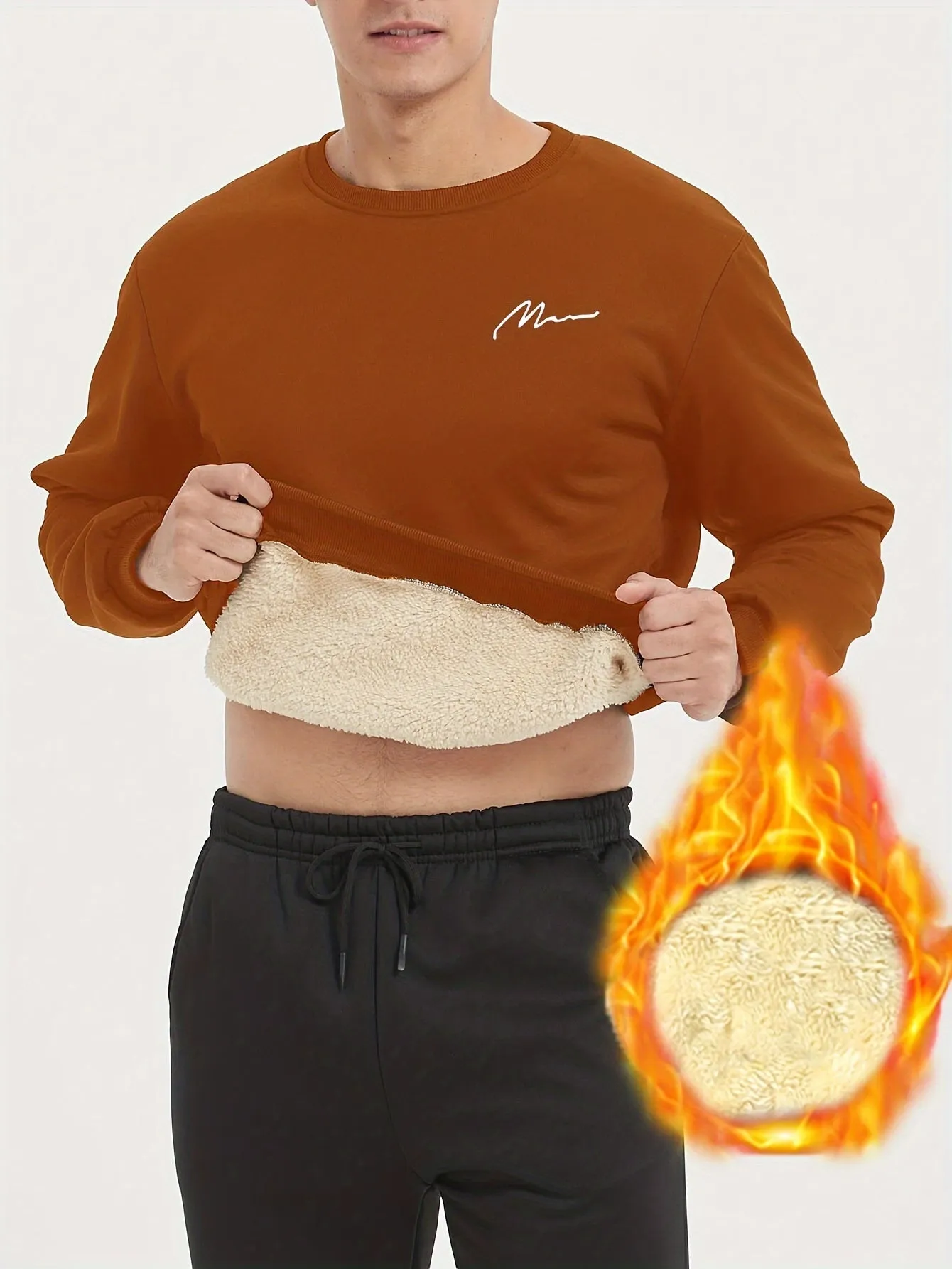 Ilooove Thermal Trendy Fleece Sweatshirt, Men's Casual Classic Design Crew Neck Sweatshirt For Men Fall Winter