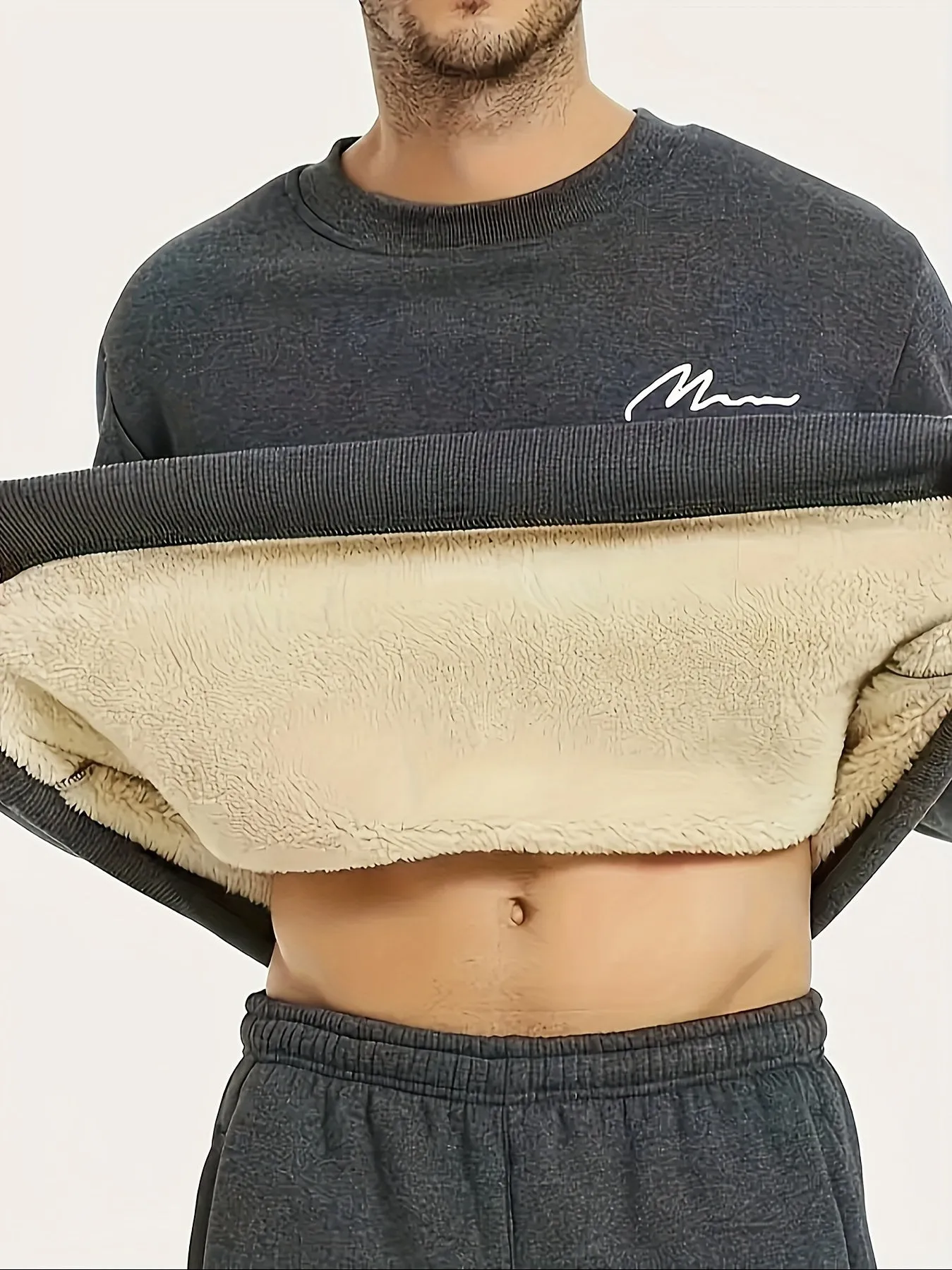 Ilooove Thermal Trendy Fleece Sweatshirt, Men's Casual Classic Design Crew Neck Sweatshirt For Men Fall Winter