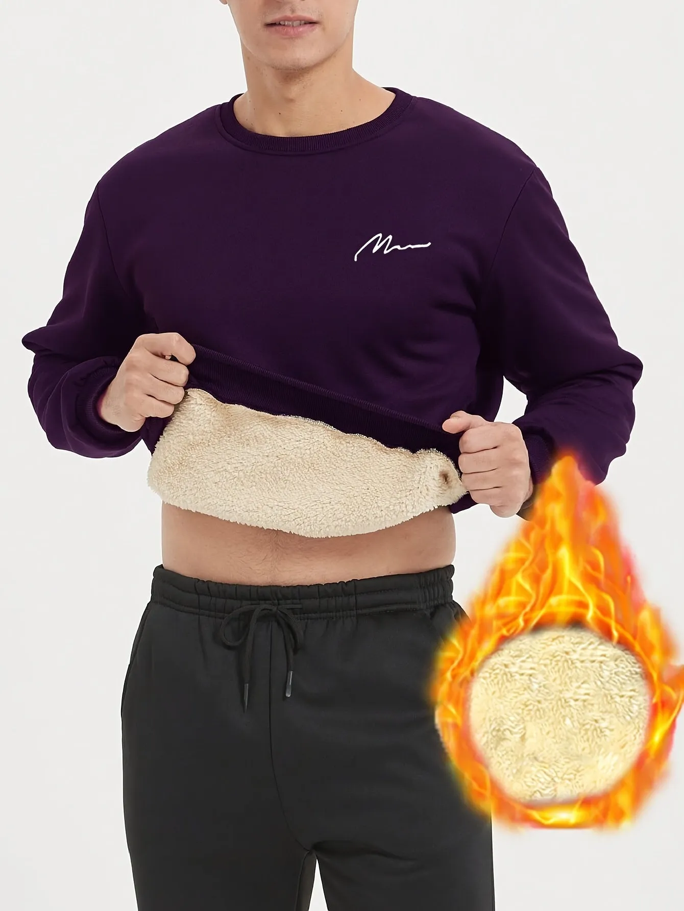 Ilooove Thermal Trendy Fleece Sweatshirt, Men's Casual Classic Design Crew Neck Sweatshirt For Men Fall Winter