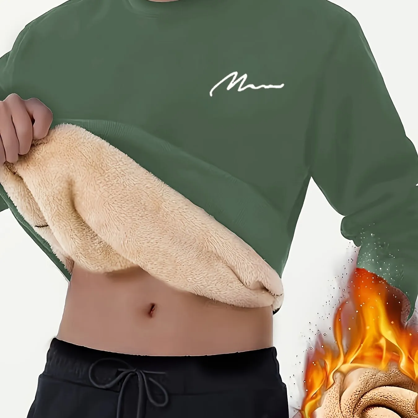 Ilooove Thermal Trendy Fleece Sweatshirt, Men's Casual Classic Design Crew Neck Sweatshirt For Men Fall Winter