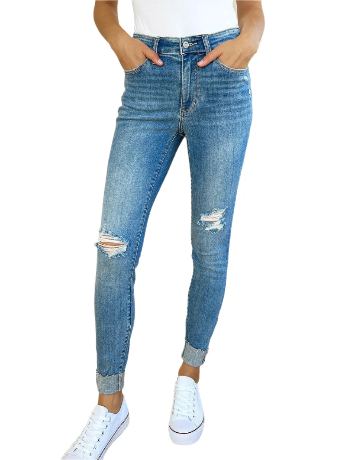 Judy Blue Full Size Mid Rise Destroy & Cuff Skinny Jeans