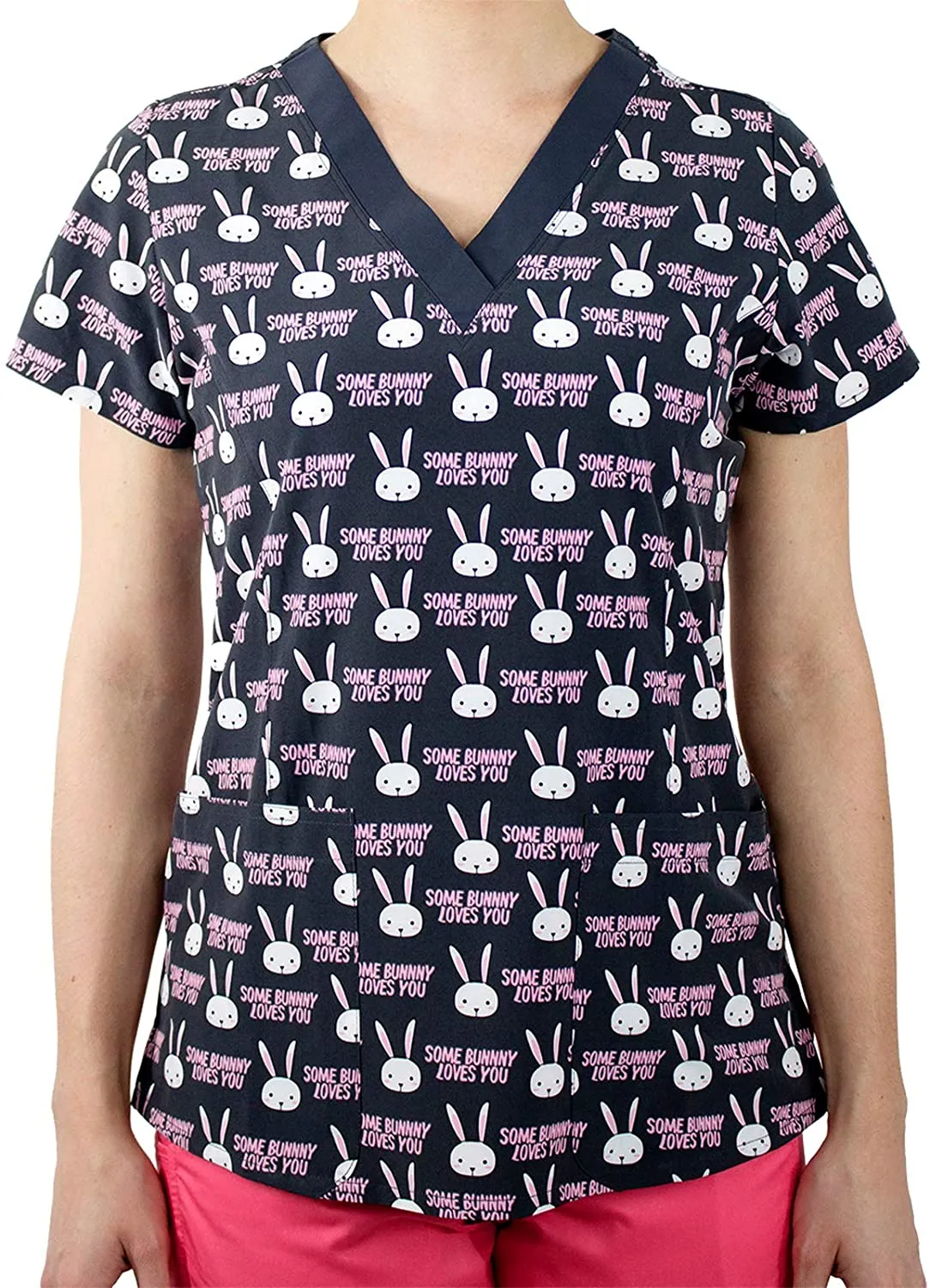 Maevn 1767 SBU Some Bunny Loves You Printed Scrub Top <br> Sizes M & L