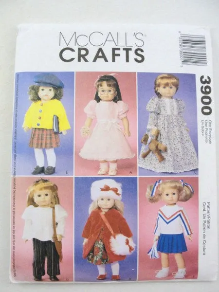 McCalls 3900 18" doll clothes pattern cheerleader, nightgown, cardigan, coat, dress, hat