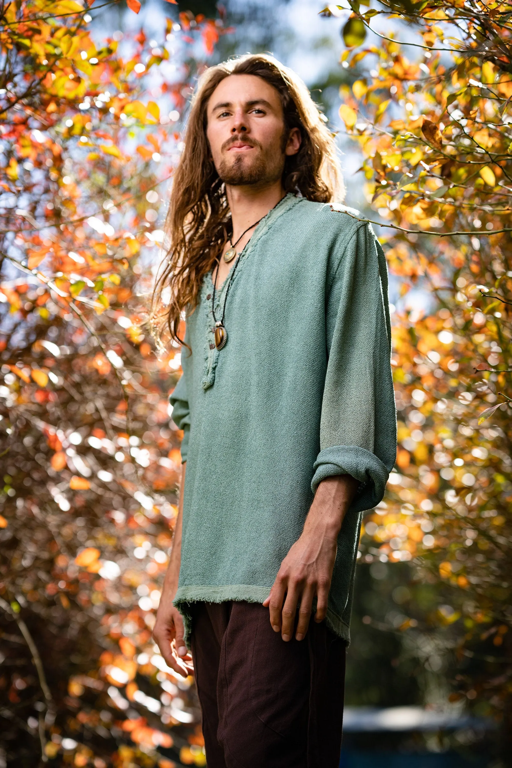 Mens Brown Long Sleeve Top Handmade Neo Matrix Apocalyptic Shirt, Gypsy Earthy Rugged Tribal Nomadic Ethnic Festival Rave Primitive AJJAYA