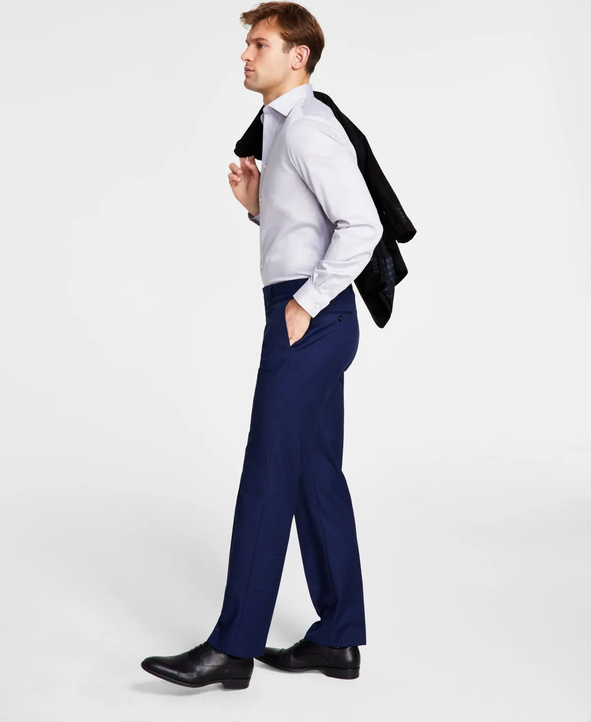 Michael Kors Mens Classic Fit Flat Front Dress Pants Navy Blue Plaid 34 x 30