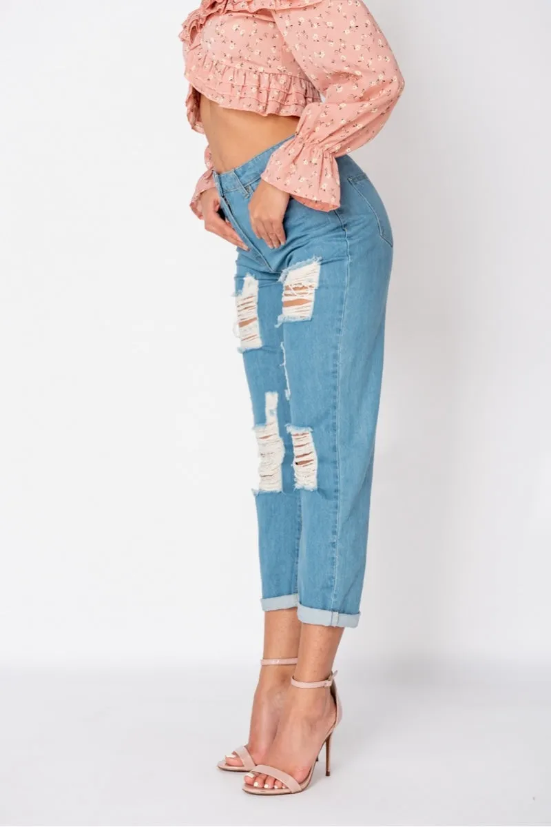 Mid Blue Distressed Multi Rip Turn Up Hem Mom Jeans
