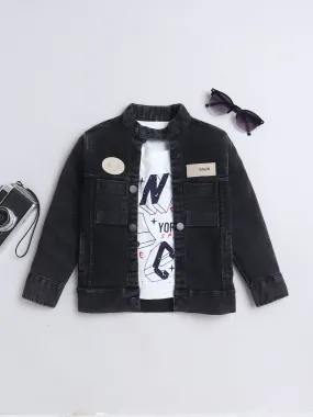 Mini Stitch Full sleeves solid Denim jacket with printed Tshirt for boys -Black