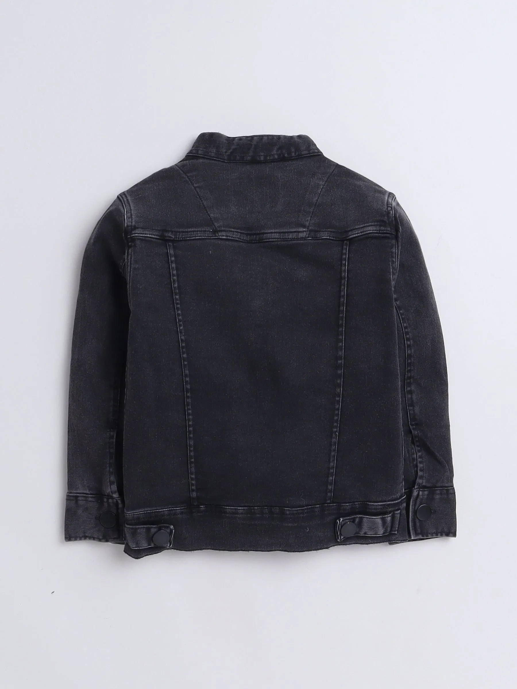 Mini Stitch Full sleeves solid Denim jacket with printed Tshirt for boys -Black