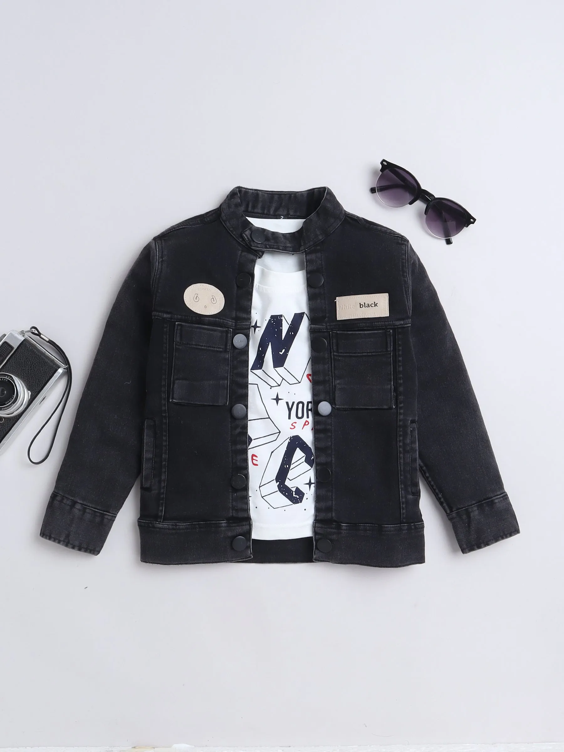 Mini Stitch Full sleeves solid Denim jacket with printed Tshirt for boys -Black